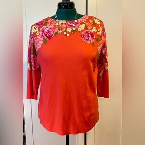 Quaker Factory Life is Rosey 3/4 Sleeve Floral Top w/Rhinestones-Size L